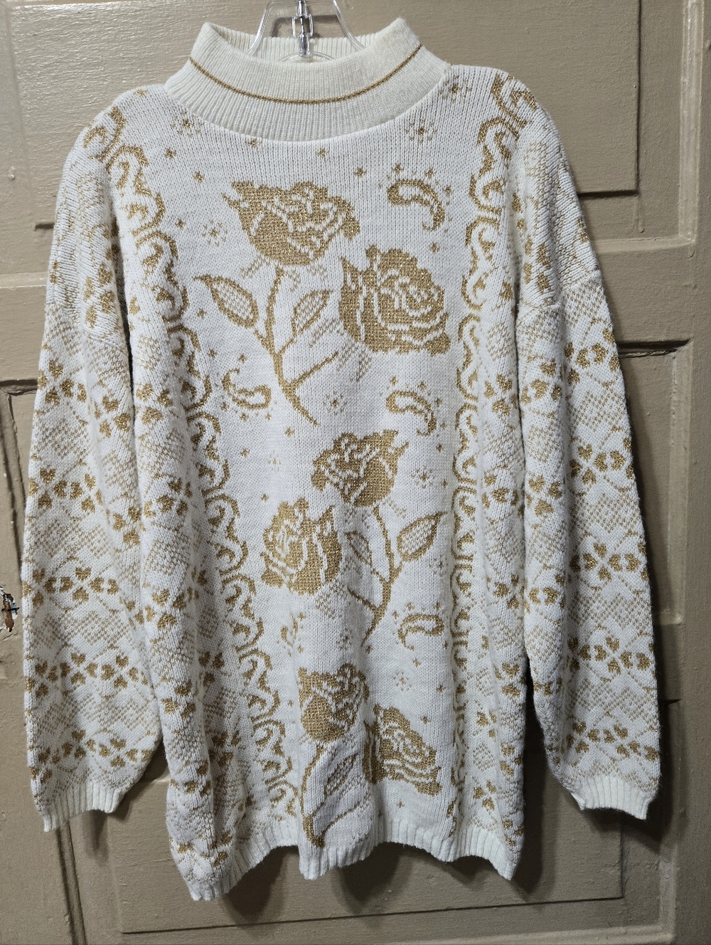 Dana Scott Vintage 80s Metallic Gold Rose White Sweater GUC *No Size Tag* - Picture 7 of 7